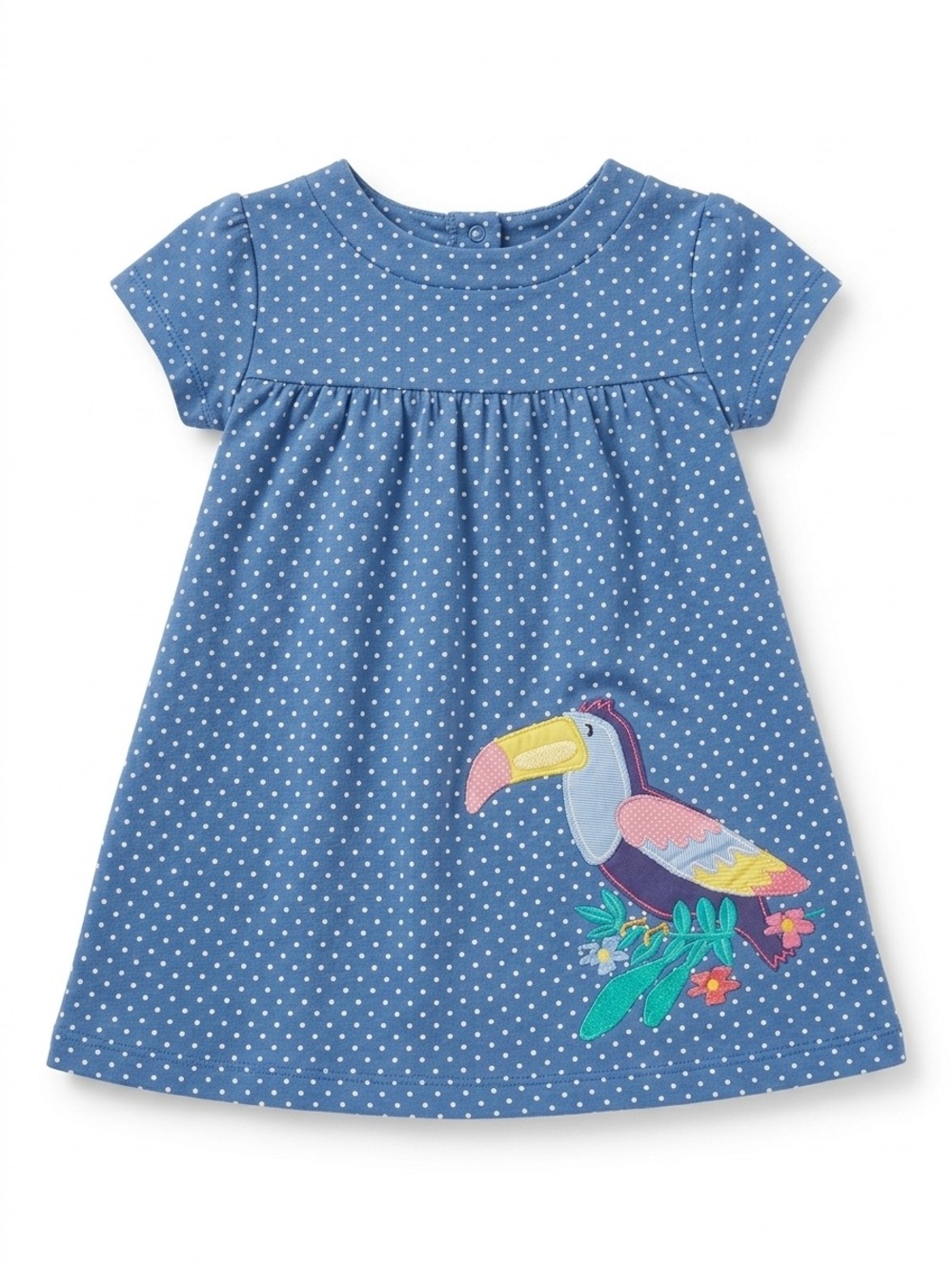 Mini Boden Baby Girls Blue Polka Dot Toucan Appliqué Jersey Dress Size 2/3 Y